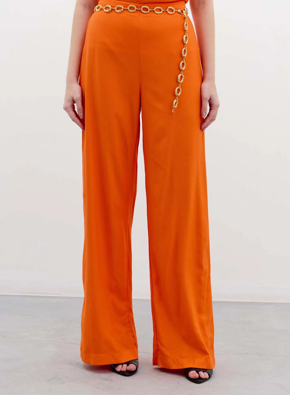 Calça Feminina Reta Tecido Plano Laranja 2