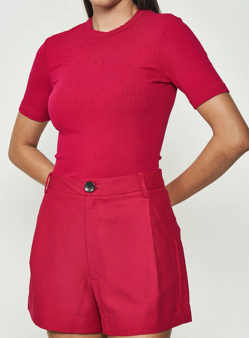 Blusa Canelada Slim Manga Curta Rosa Timeless