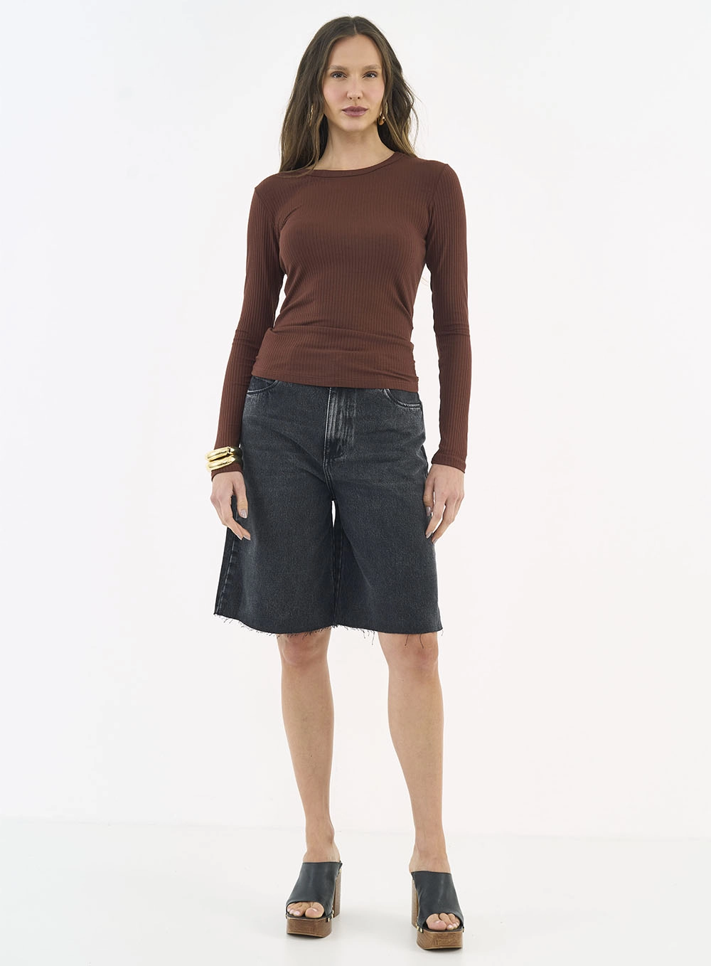 Blusa Feminina Small Canelada Manga Longa Marrom