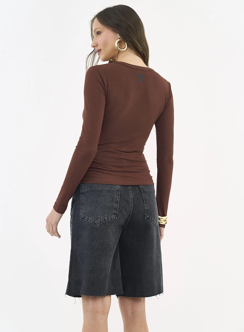 Blusa Feminina Small Canelada Manga Longa Marrom