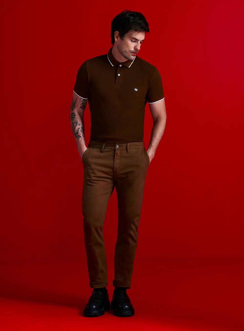 Polo Masculina Manga Curta Marrom Ju