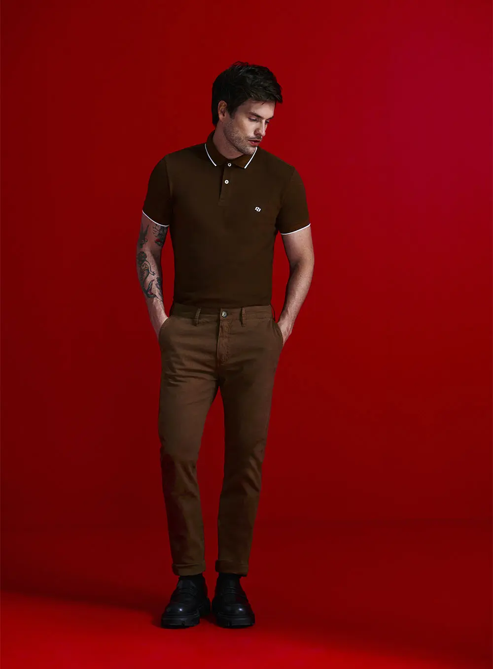 Polo Masculina Manga Curta Marrom Ju