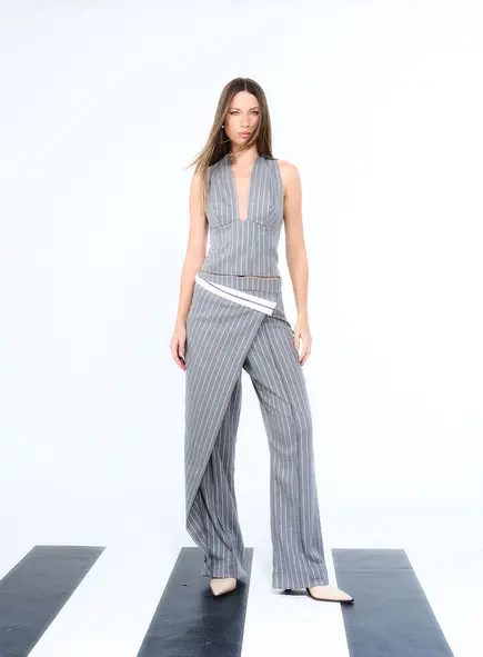 Calça Pinstripe Com Sobreposição
