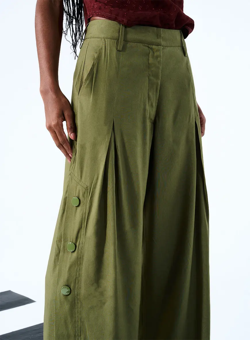 Calça Wide Leg Com Botões Verde 4