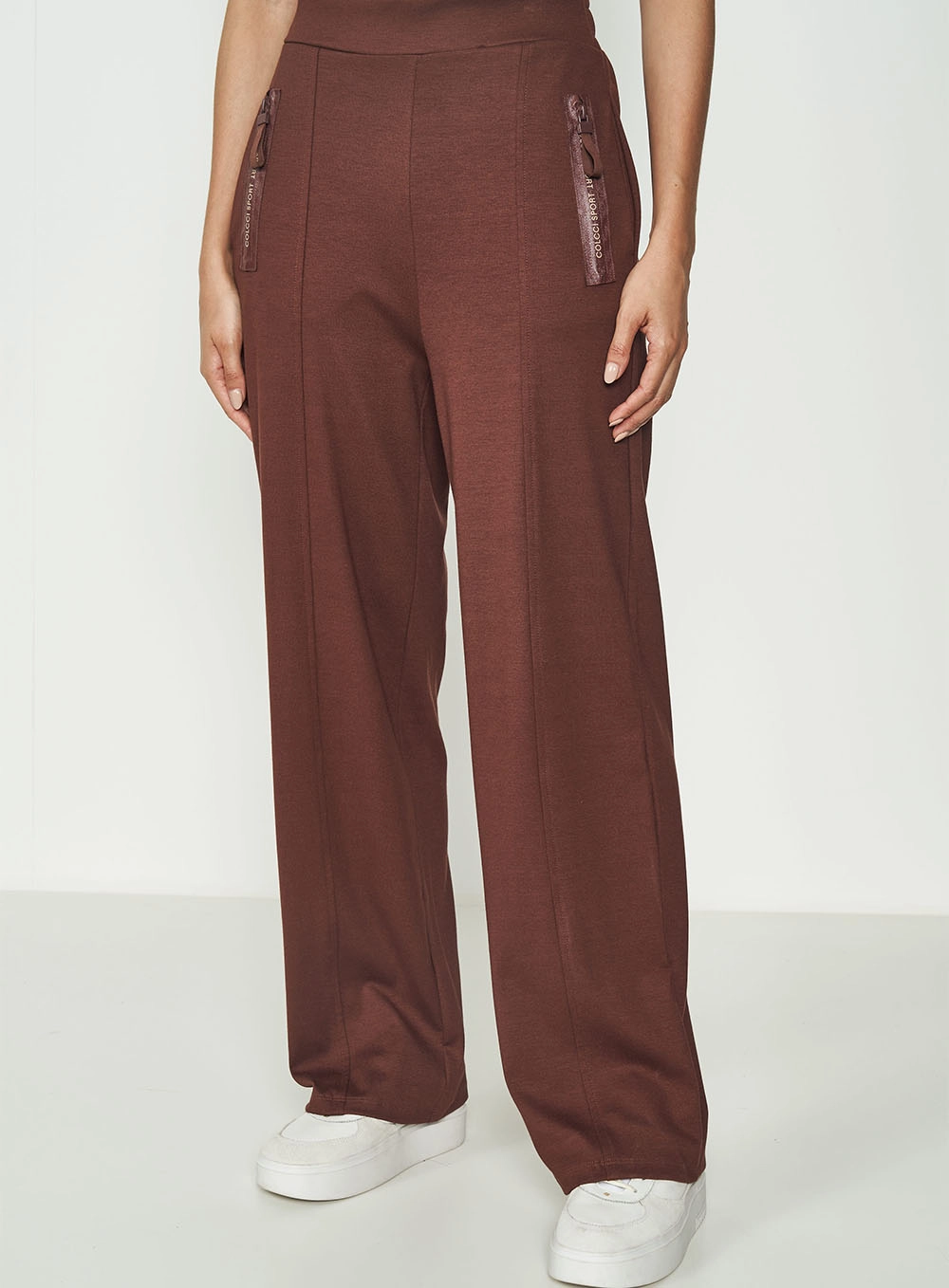 Calça Pantalona Bolso Com Zíper Marrom Marissa