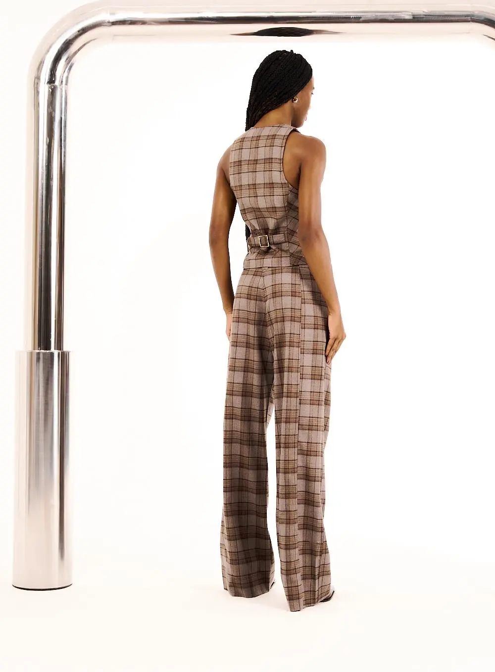 Calça Feminina Alfaiataria Xadrez Com Cinto Estampados 3
