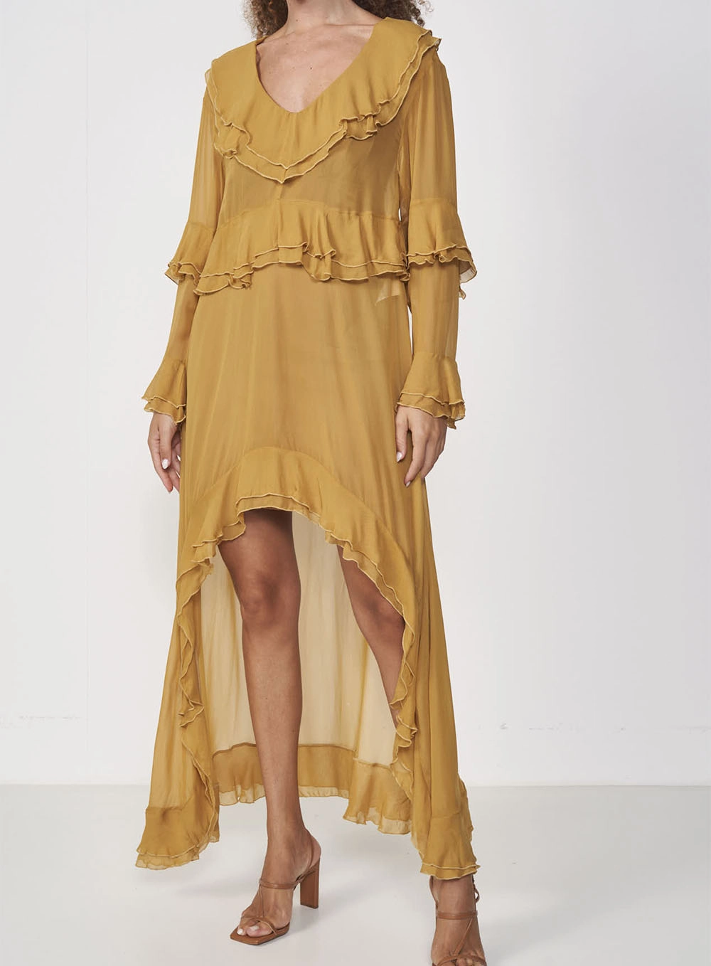 Vestido Assimétrico Com Babados Marrom Ebbela