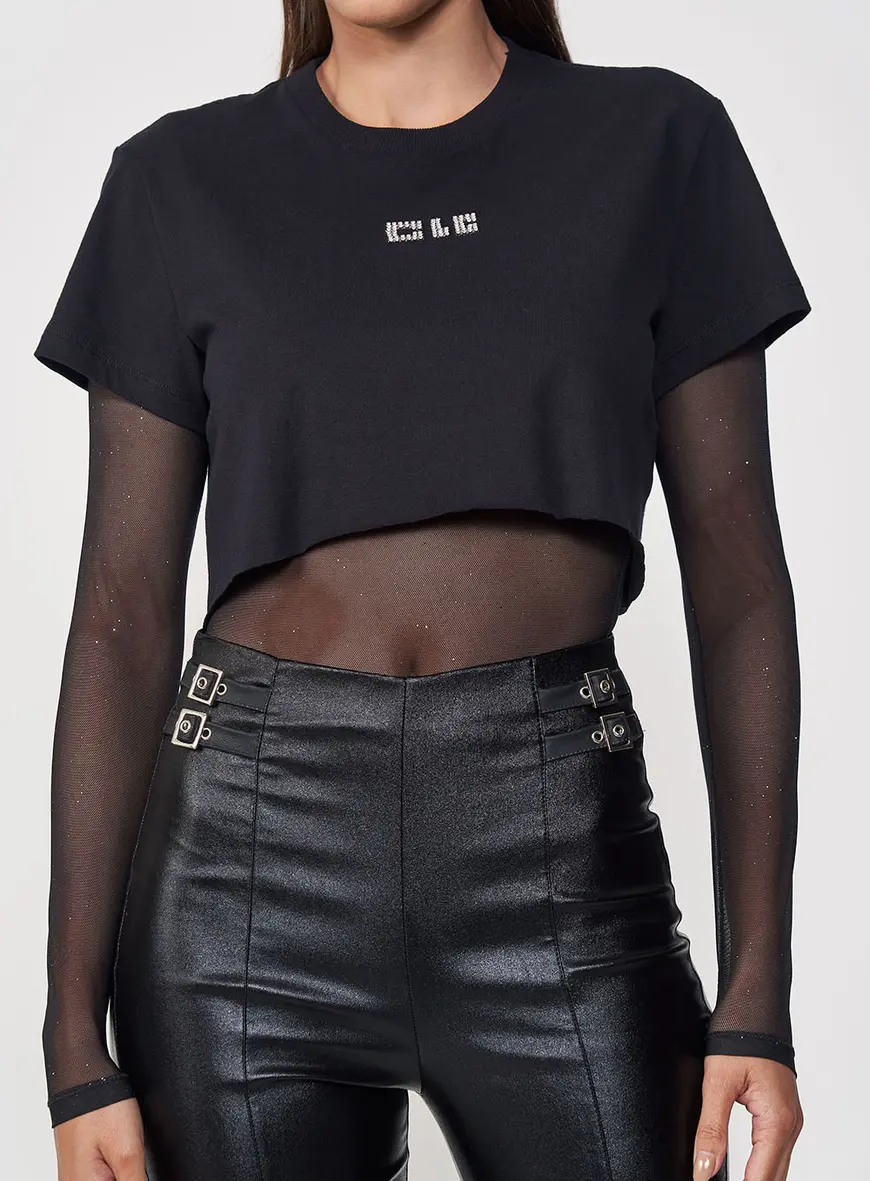 Camiseta Feminina Fashion Tule E Logo Em Strass Preto 1