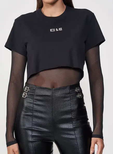 Camiseta Feminina Fashion Tule E Logo Em Strass