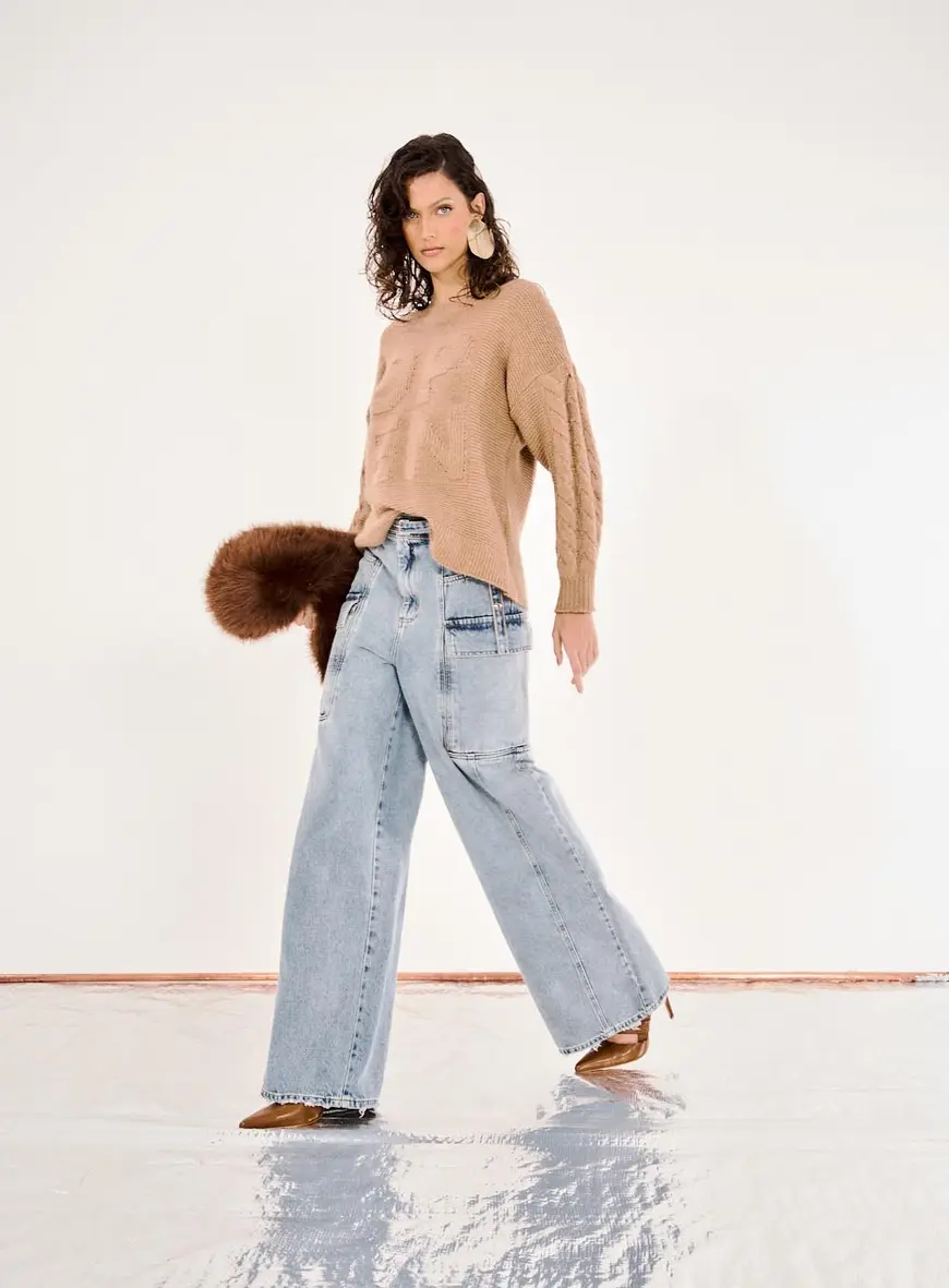 Calça Jeans Feminina Baggy Com Bolsos Laterais Índigo 1