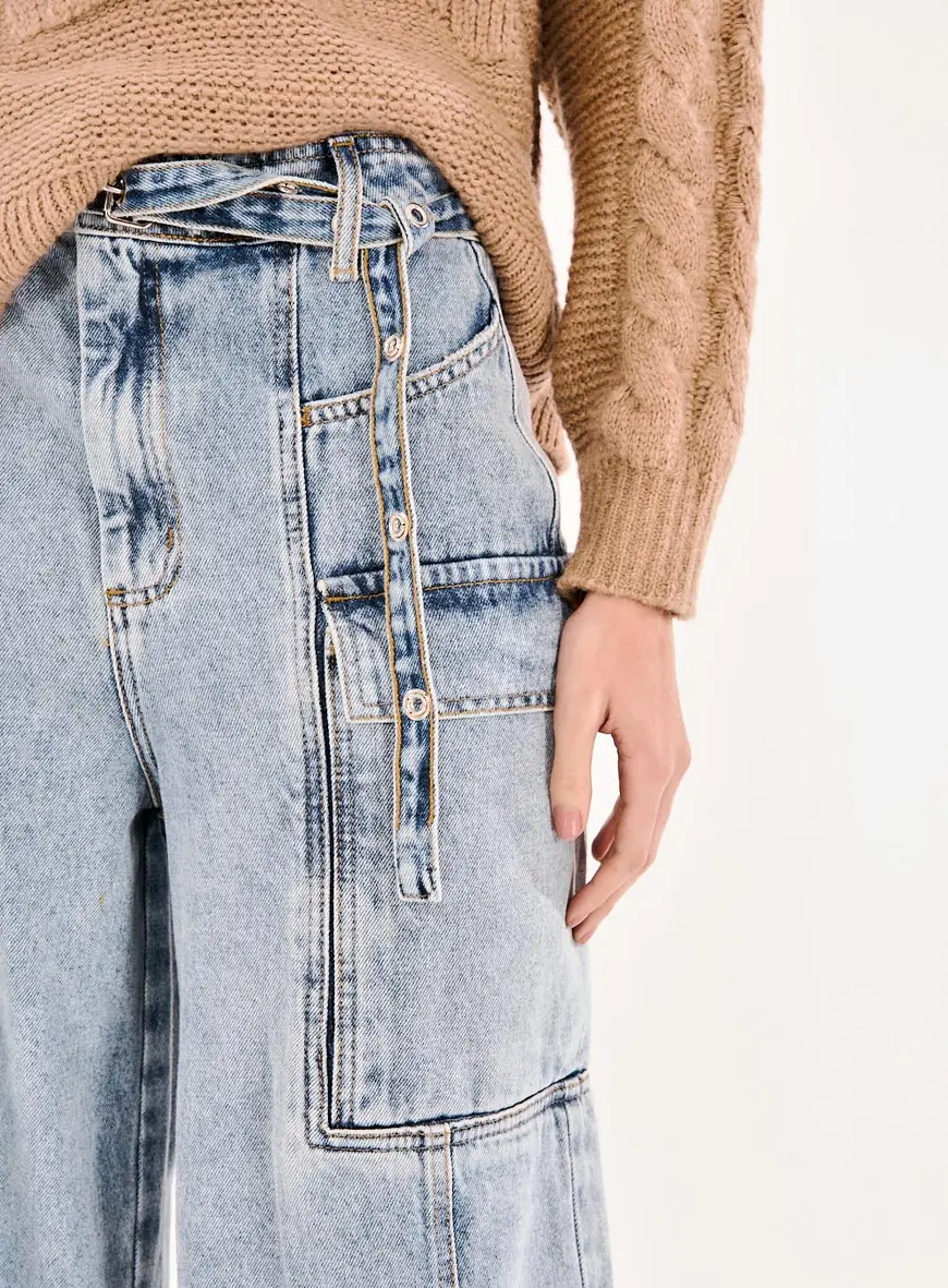 Calça Jeans Feminina Baggy Com Bolsos Laterais Índigo 2