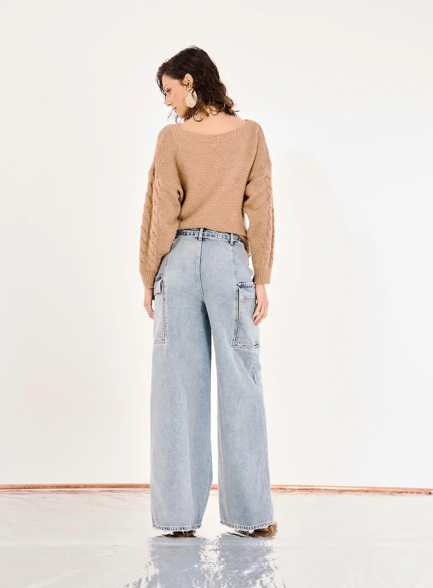 Calça Jeans Feminina Baggy Com Bolsos Laterais Índigo 4