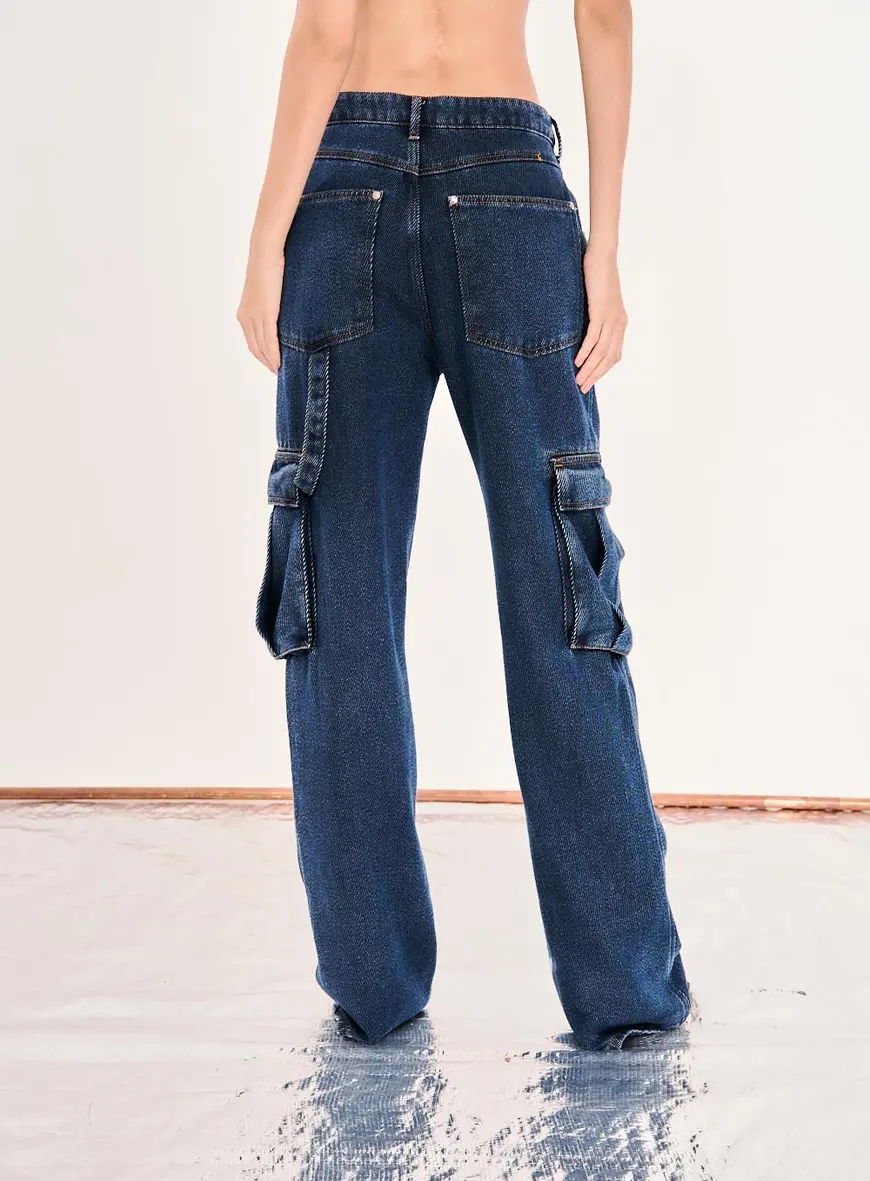 Calça Jeans Feminina Baggy Com Bolsos Cargo Índigo 3