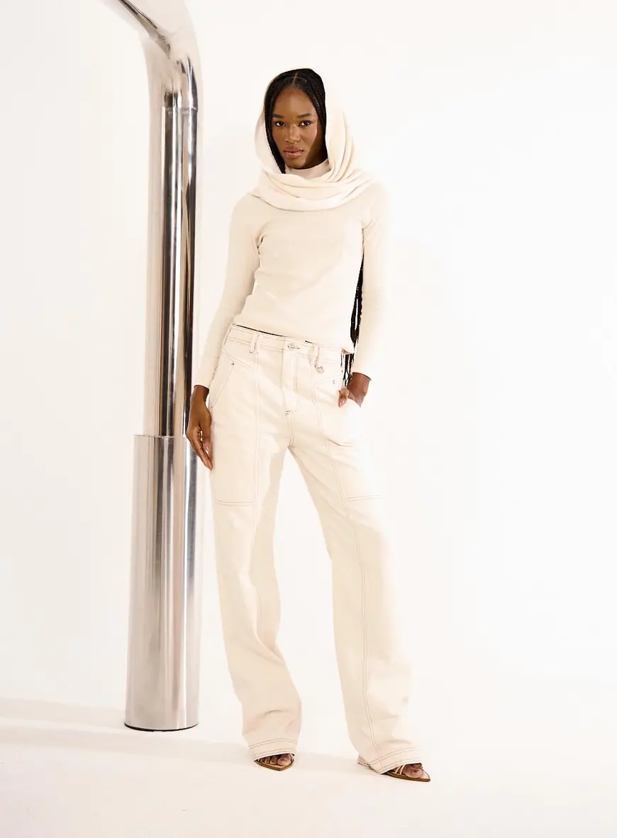 Calça Feminina Em Sarja Wide Leg Bege 1