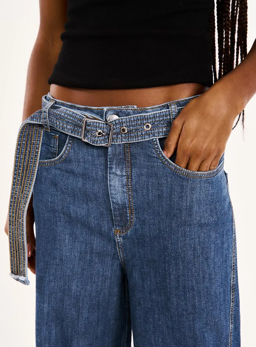 Calça Jeans Feminina Wide Leg Com Cinto Índigo 2