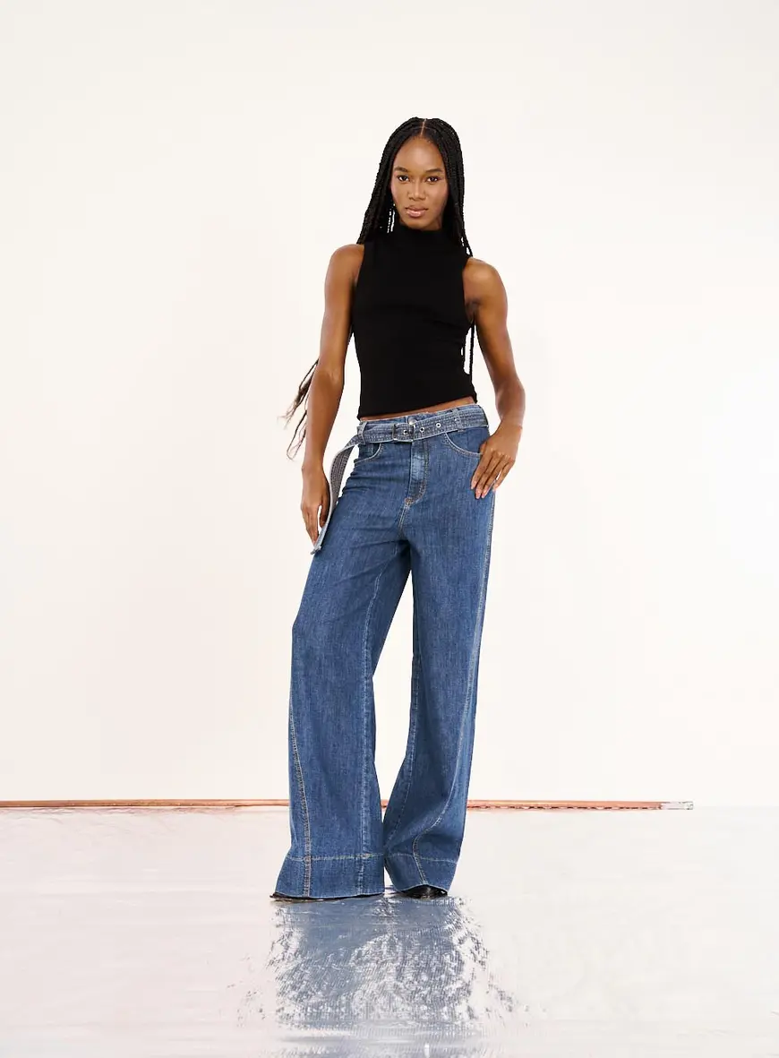 Calça Jeans Feminina Wide Leg Com Cinto Índigo 3