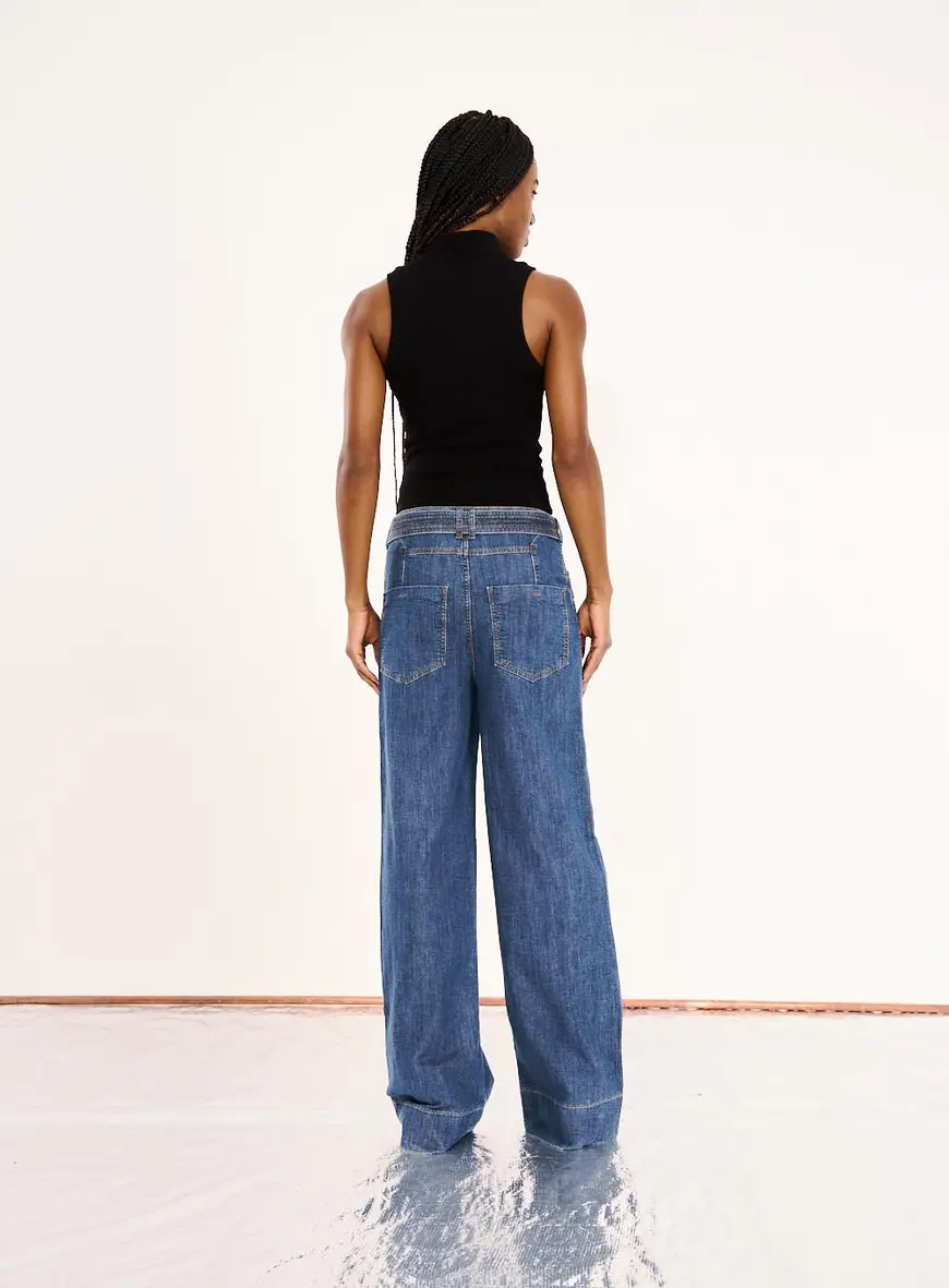 Calça Jeans Feminina Wide Leg Com Cinto Índigo 4
