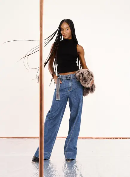 Calça Jeans Feminina Wide Leg Com Cinto