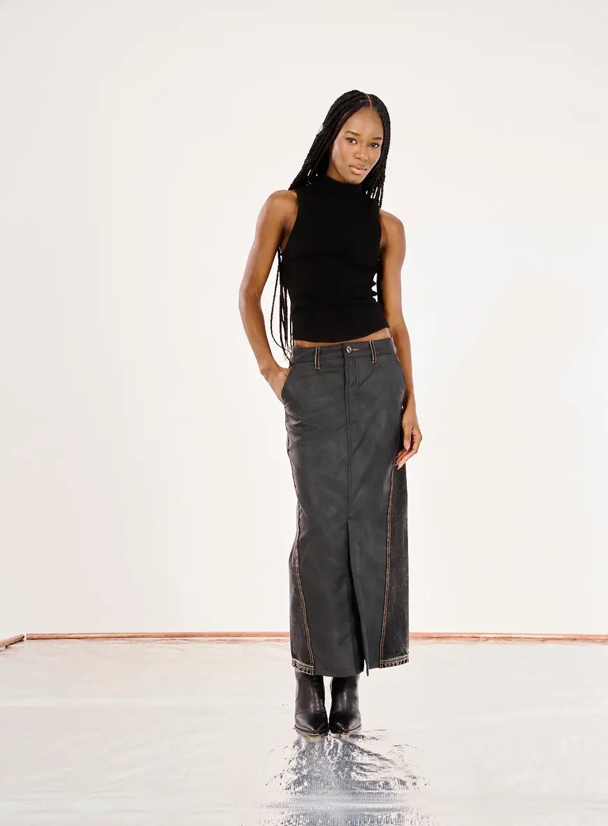 Saia Jeans Alongada Indigo Preto 1