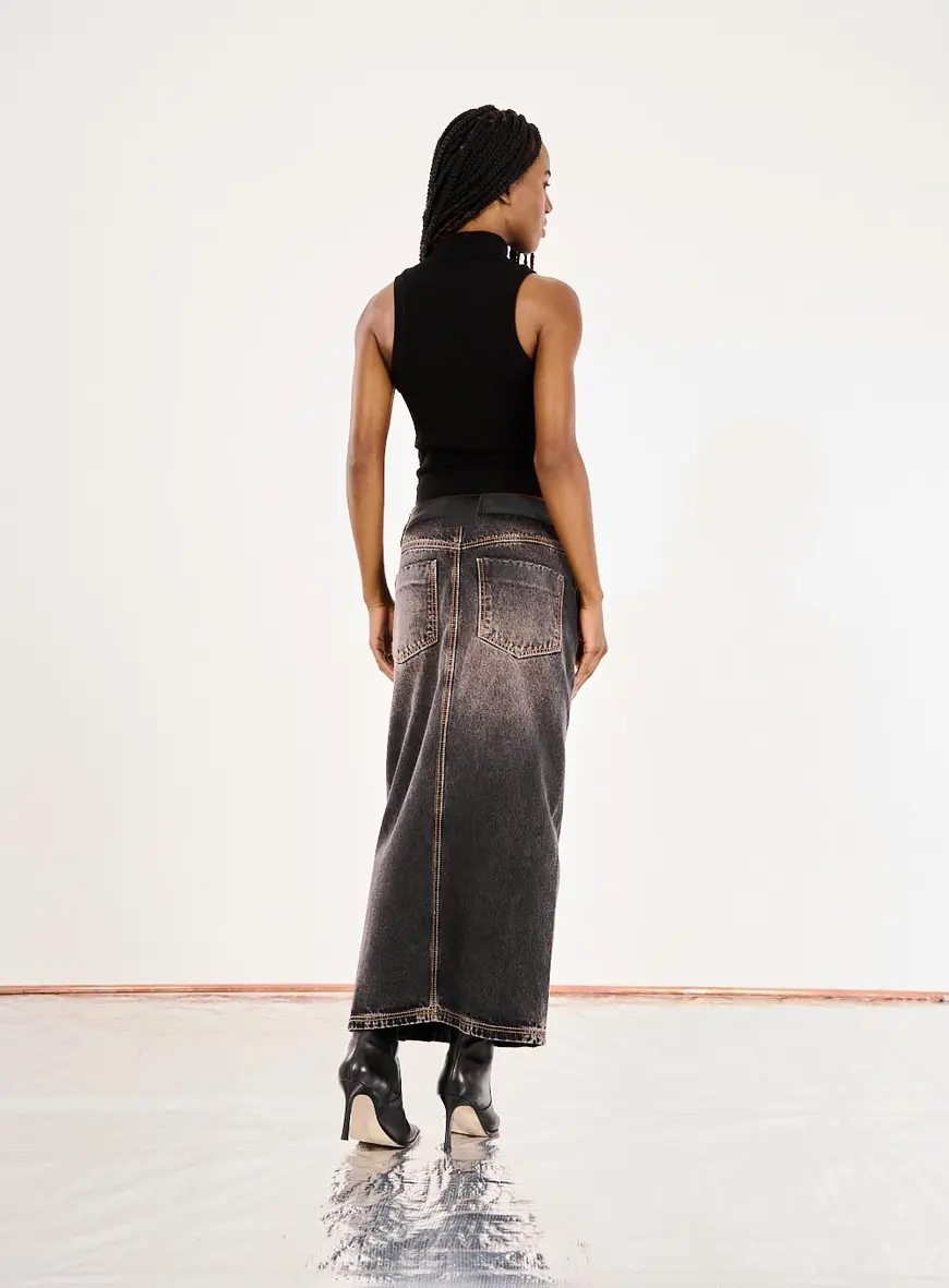 Saia Jeans Alongada Indigo Preto 3
