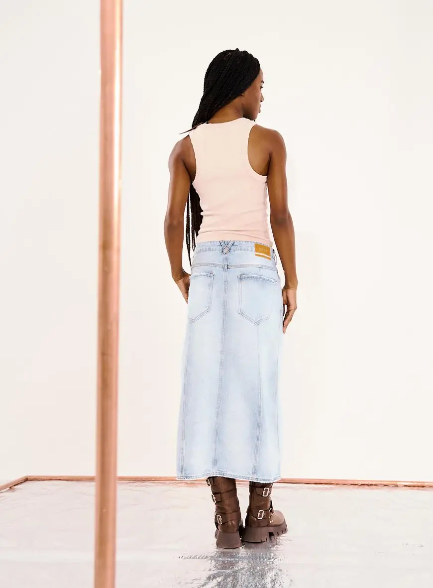 Saia Jeans Midi Com Fenda Frontal Índigo 4