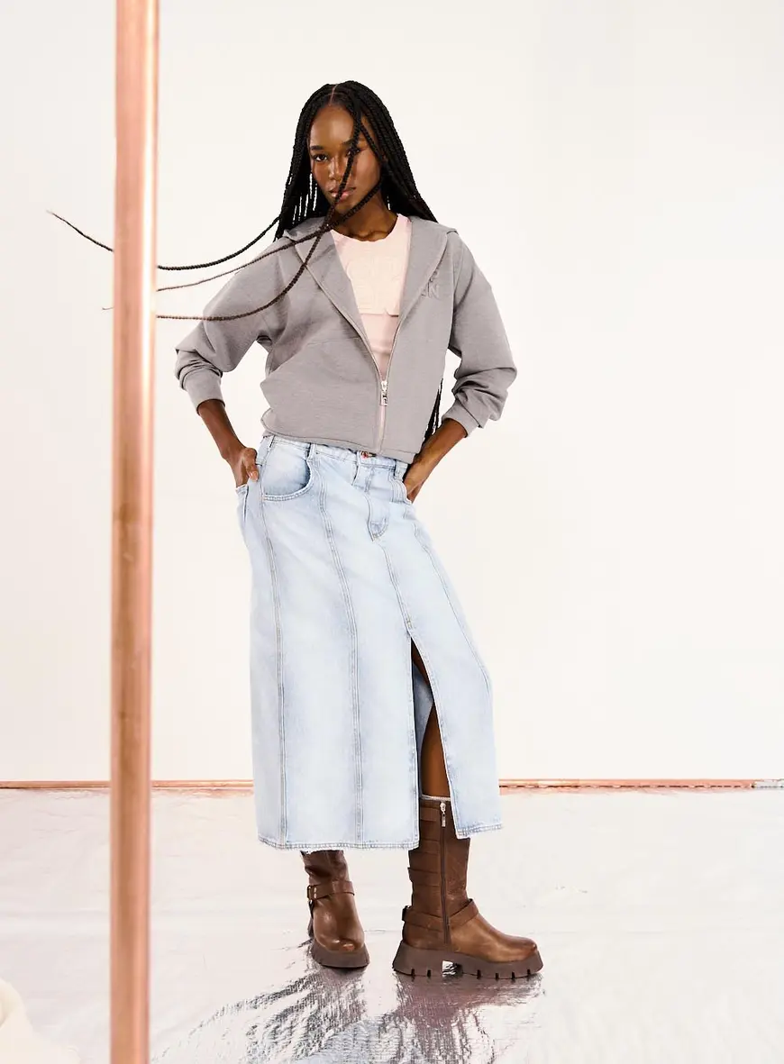 Saia Jeans Midi Com Fenda Frontal Índigo 5