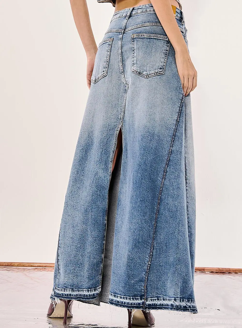 Saia Longa Jeans Fenda Dupla Índigo 3