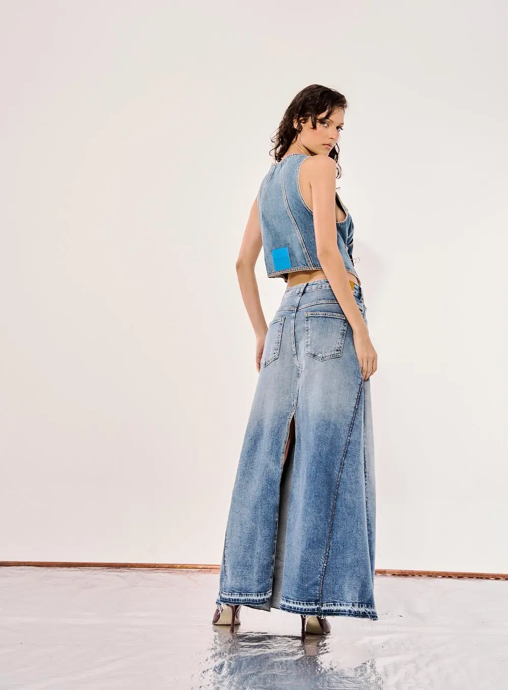 Saia Longa Jeans Fenda Dupla Índigo 5
