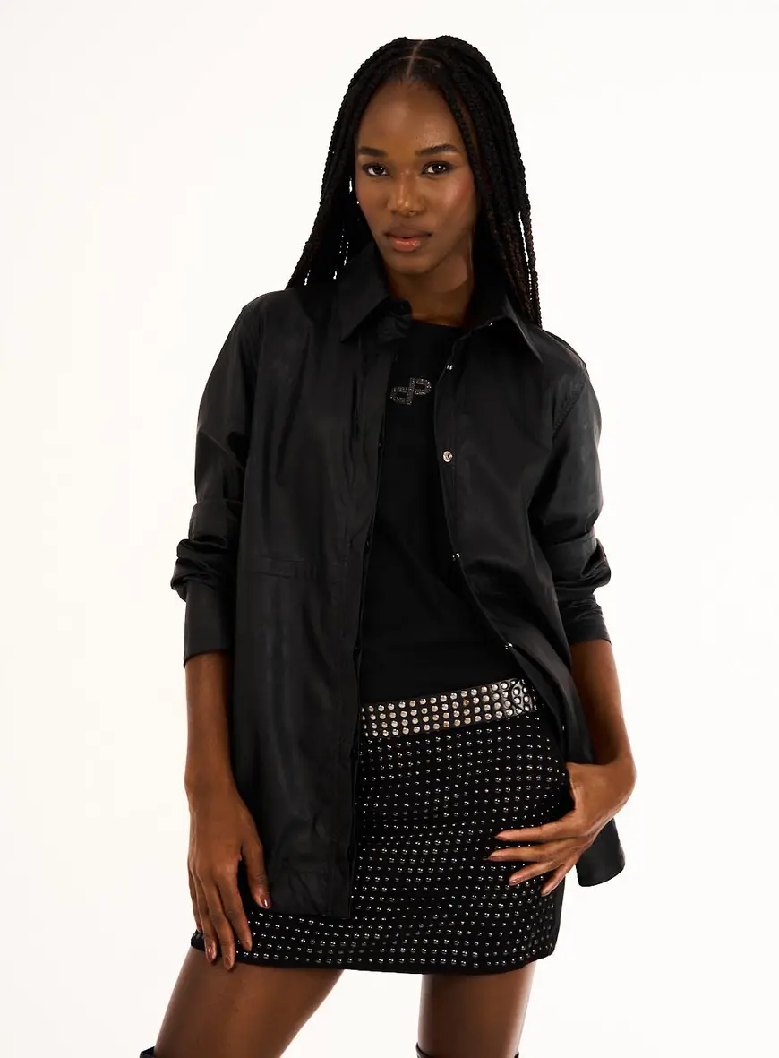 Camisa Feminina Oversized Em Pu Preto 2