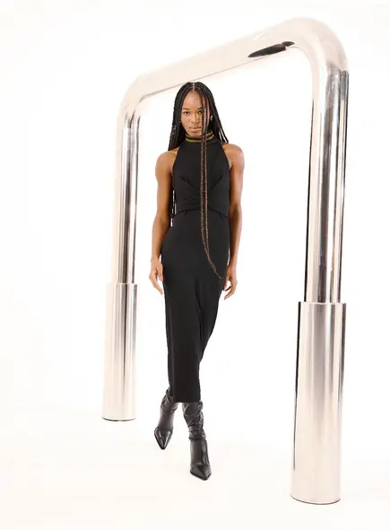 Vestido Canelado Gola Alta E Transpasse Frontal