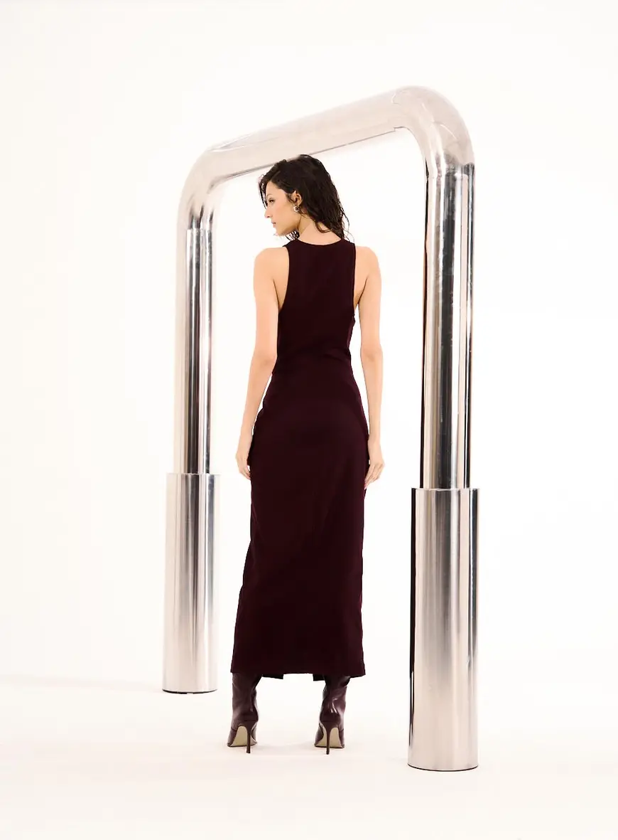 Vestido Longo Estilo Colete E Saia Marrom Terracota 3