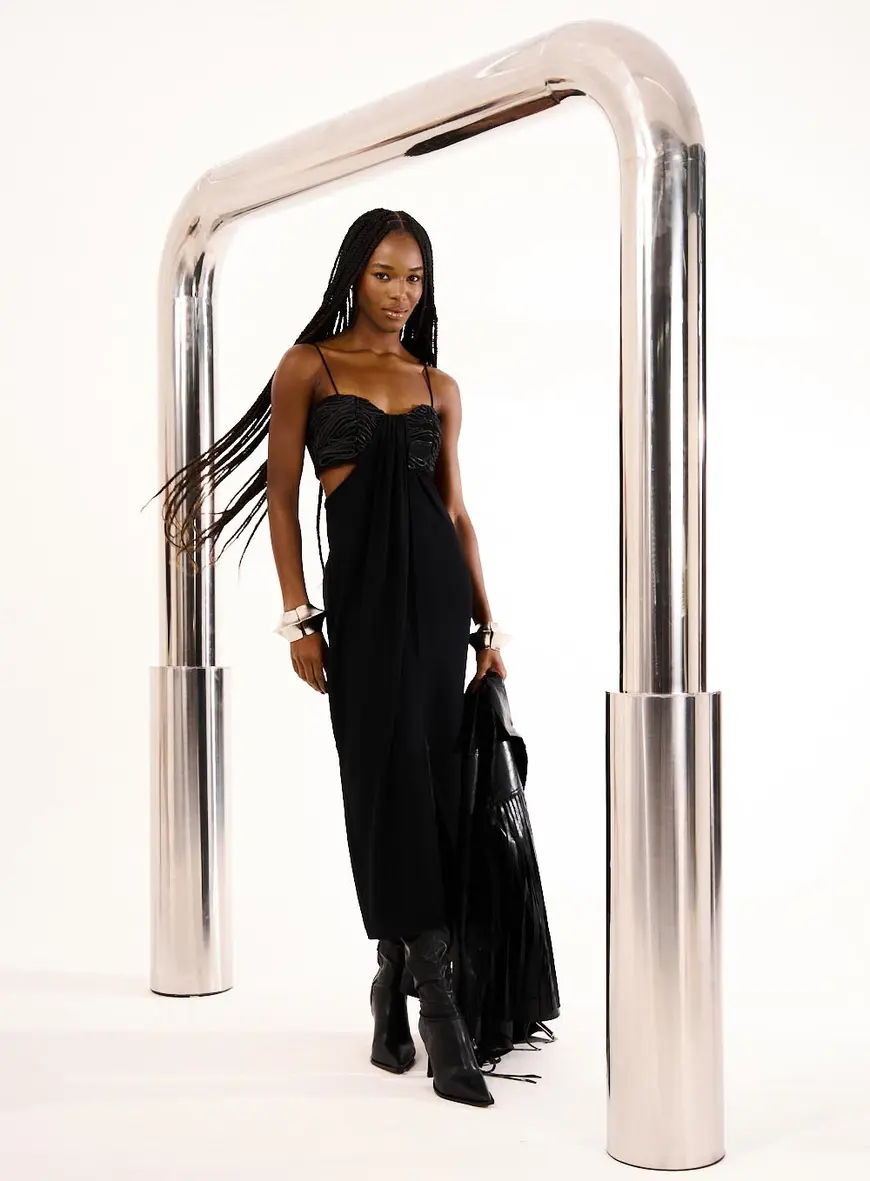 Vestido Midi Com Fenda Em Linho Preto 2