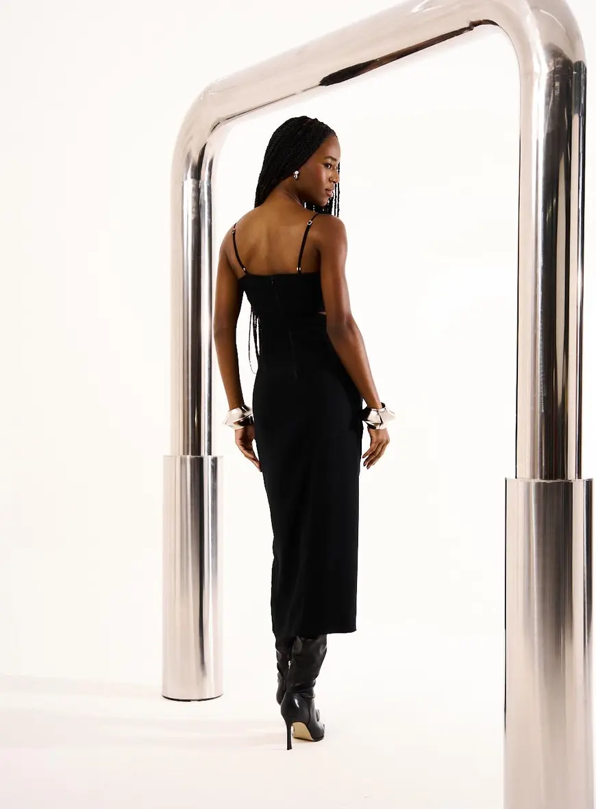 Vestido Midi Com Fenda Em Linho Preto 3