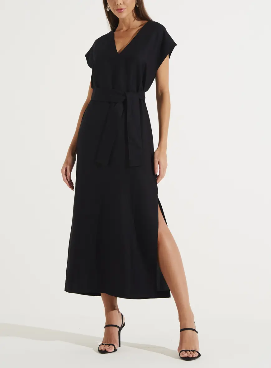 Vestido Midi Reto Com Faixa Para Amarração Preto