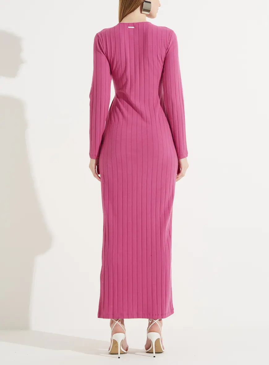 Vestido Canelado Justo Manga Longa Com Torção Rosa Enjoy