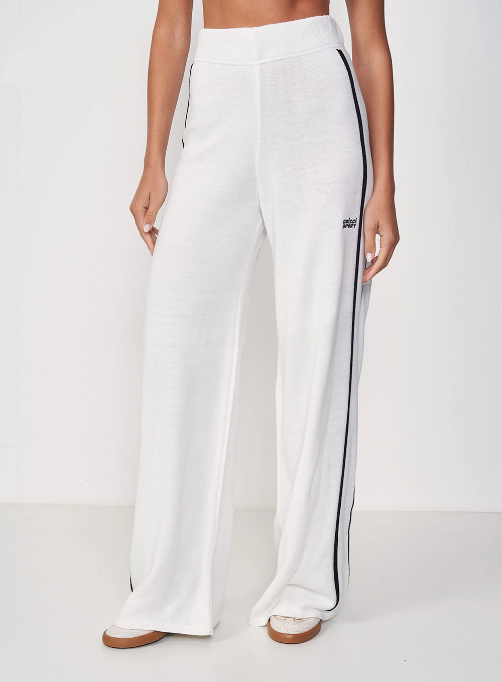 Calça Feminina Tricô Wide Leg Faixa Lateral Off Shell