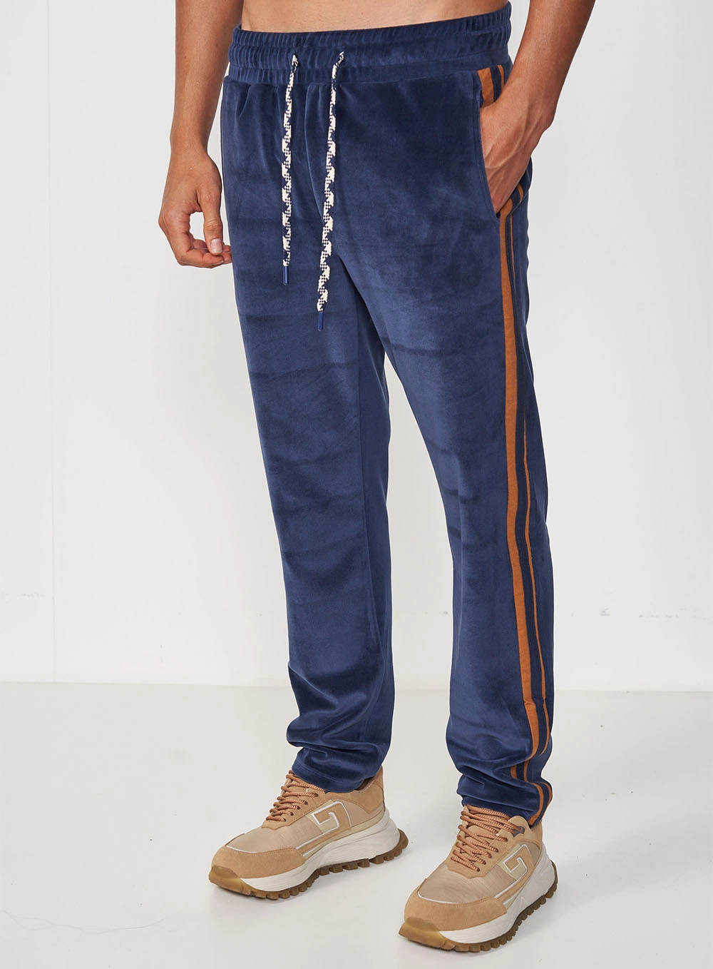Calça Maculina Veludo Reta Com Listra Lateral Azul