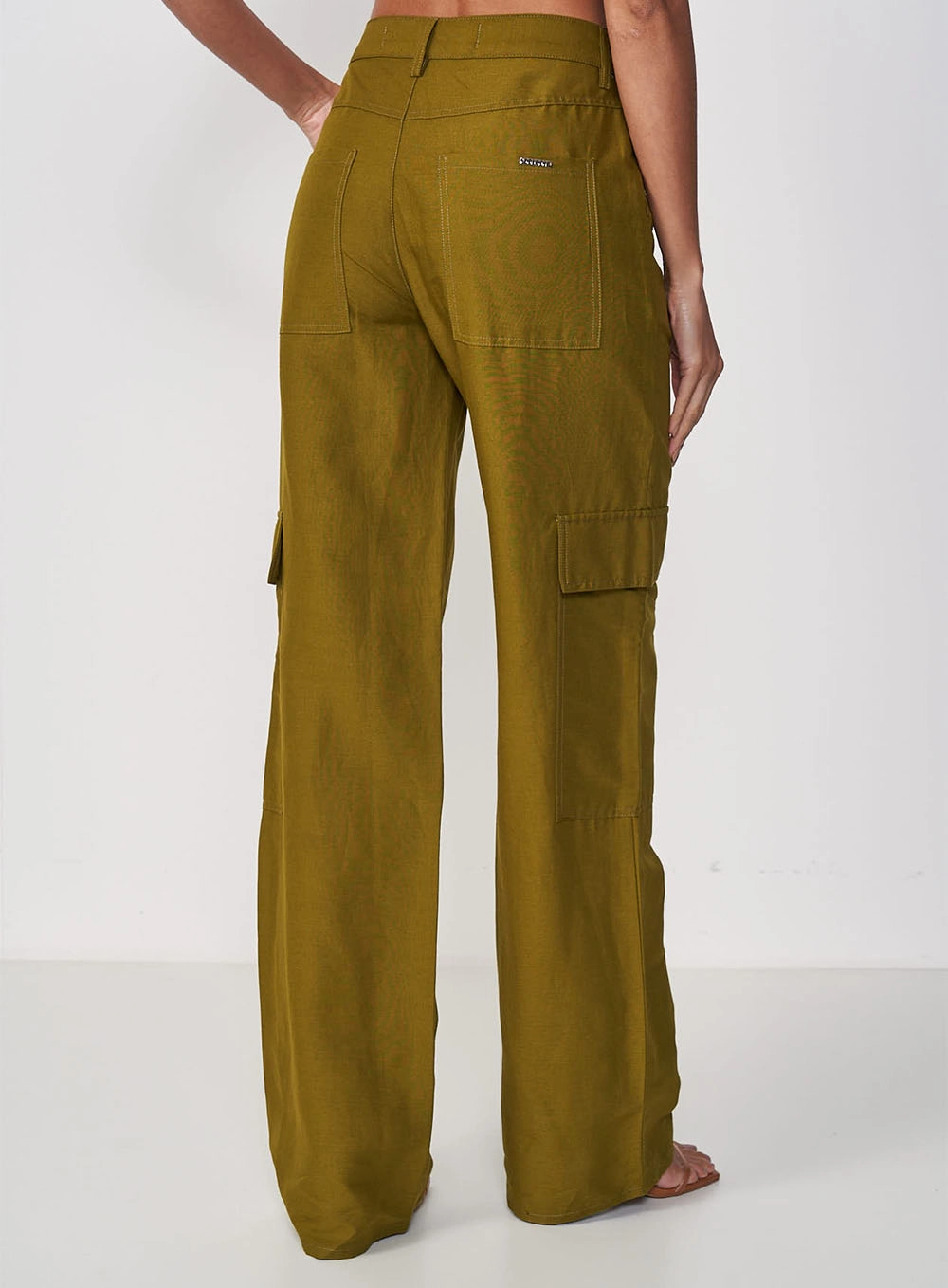 Calça Feminina Reta Cargo Em Linho Verde Simple