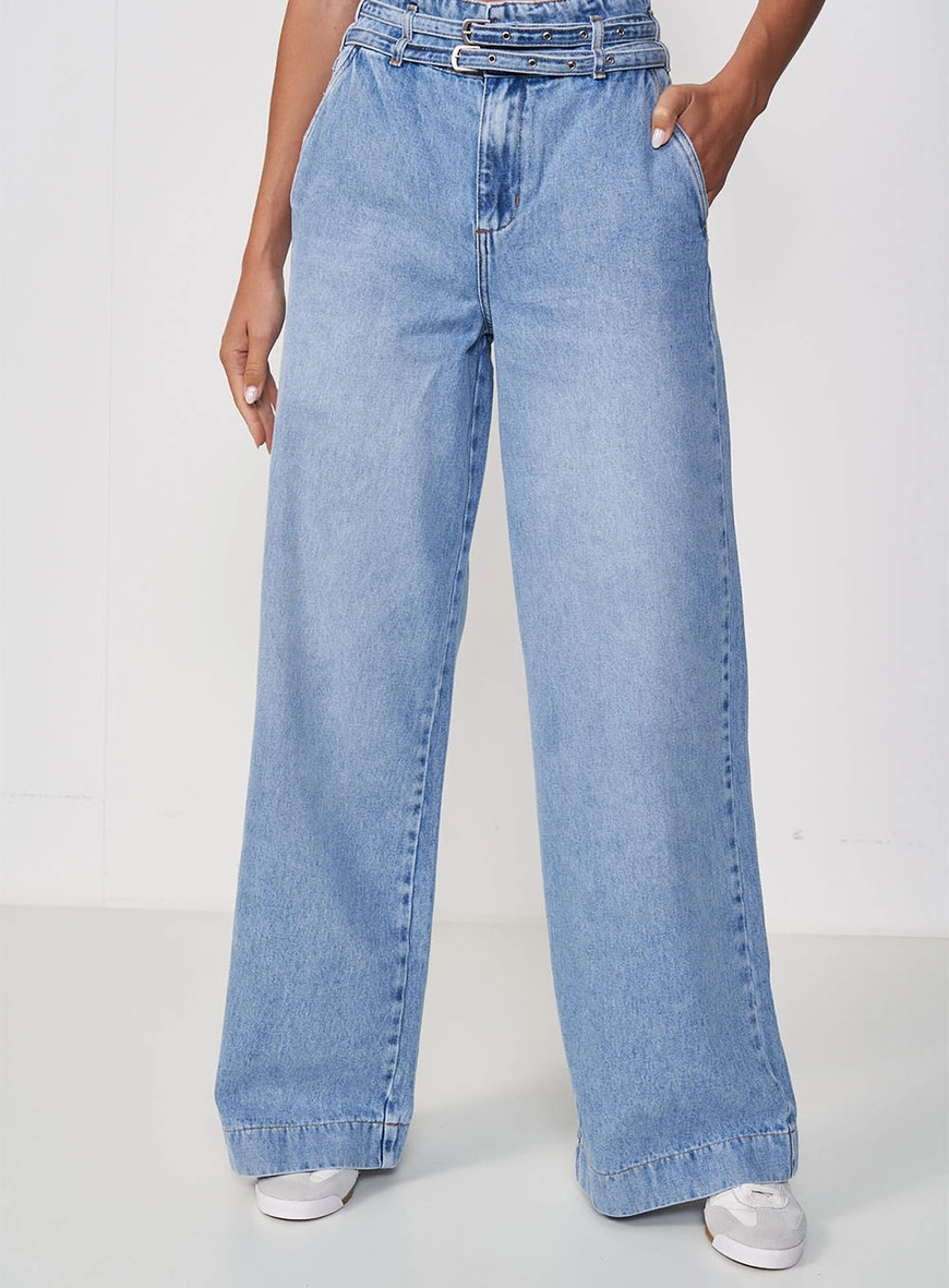 Calça Feminina Jeans Pantalona Com Cinto - Joana