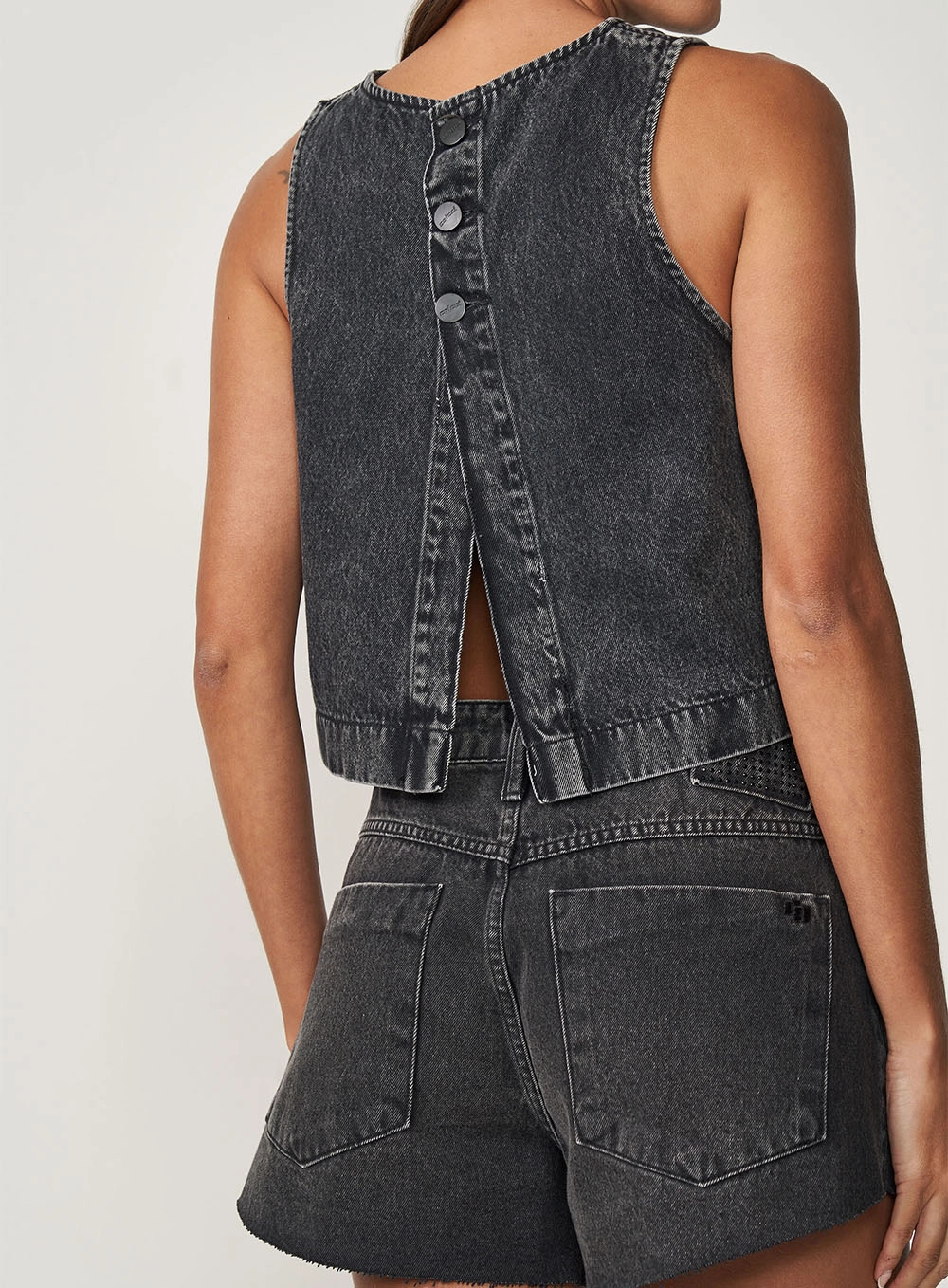 Blusa Jeans Feminina Reta Com Fenda Nas Costas Indigo Preto