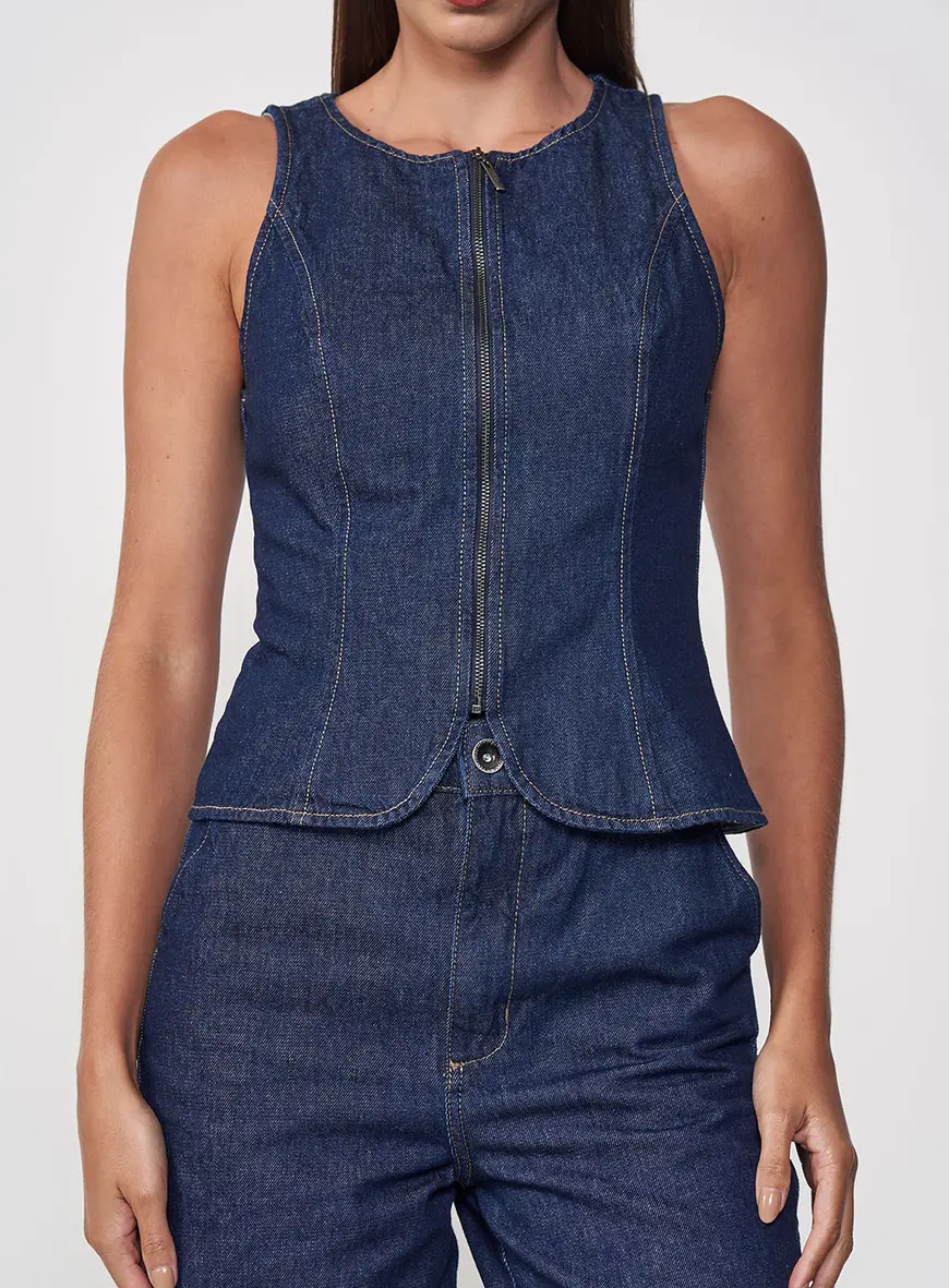 Blusa Jeans Acinturada Com Fechamento De Zíper