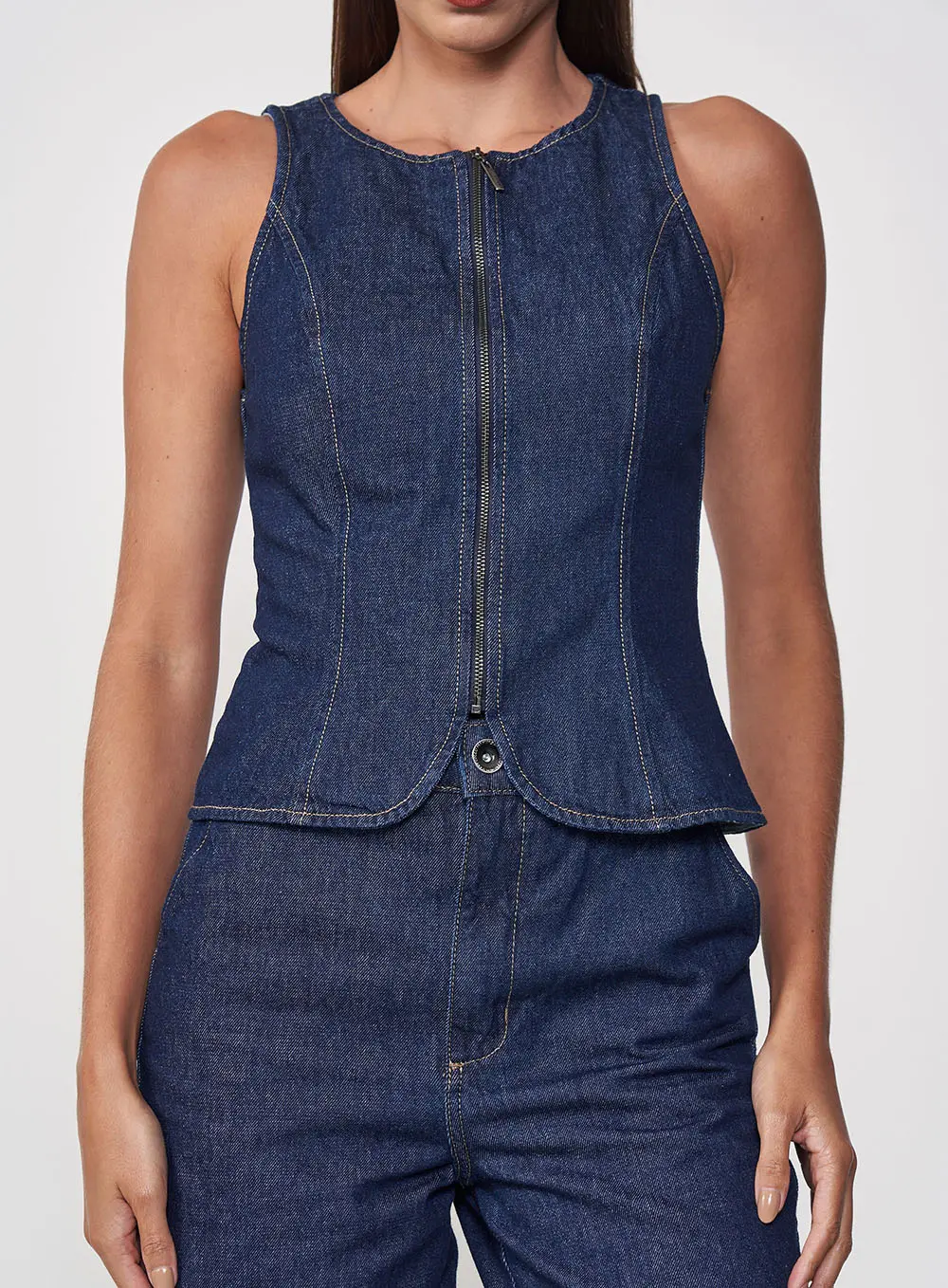 Blusa Jeans Acinturada Com Fechamento De Zíper Índigo