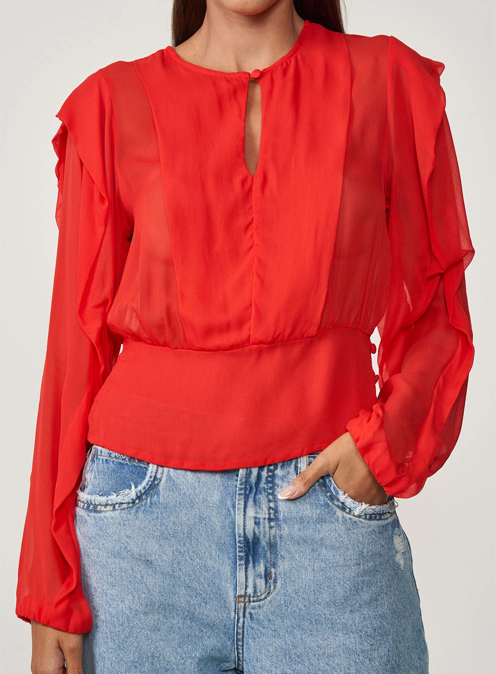 Blusa Acinturada Manga Longa Com Babados Vermelho