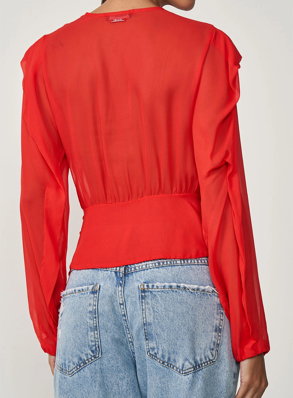 Blusa Acinturada Manga Longa Com Babados Vermelho