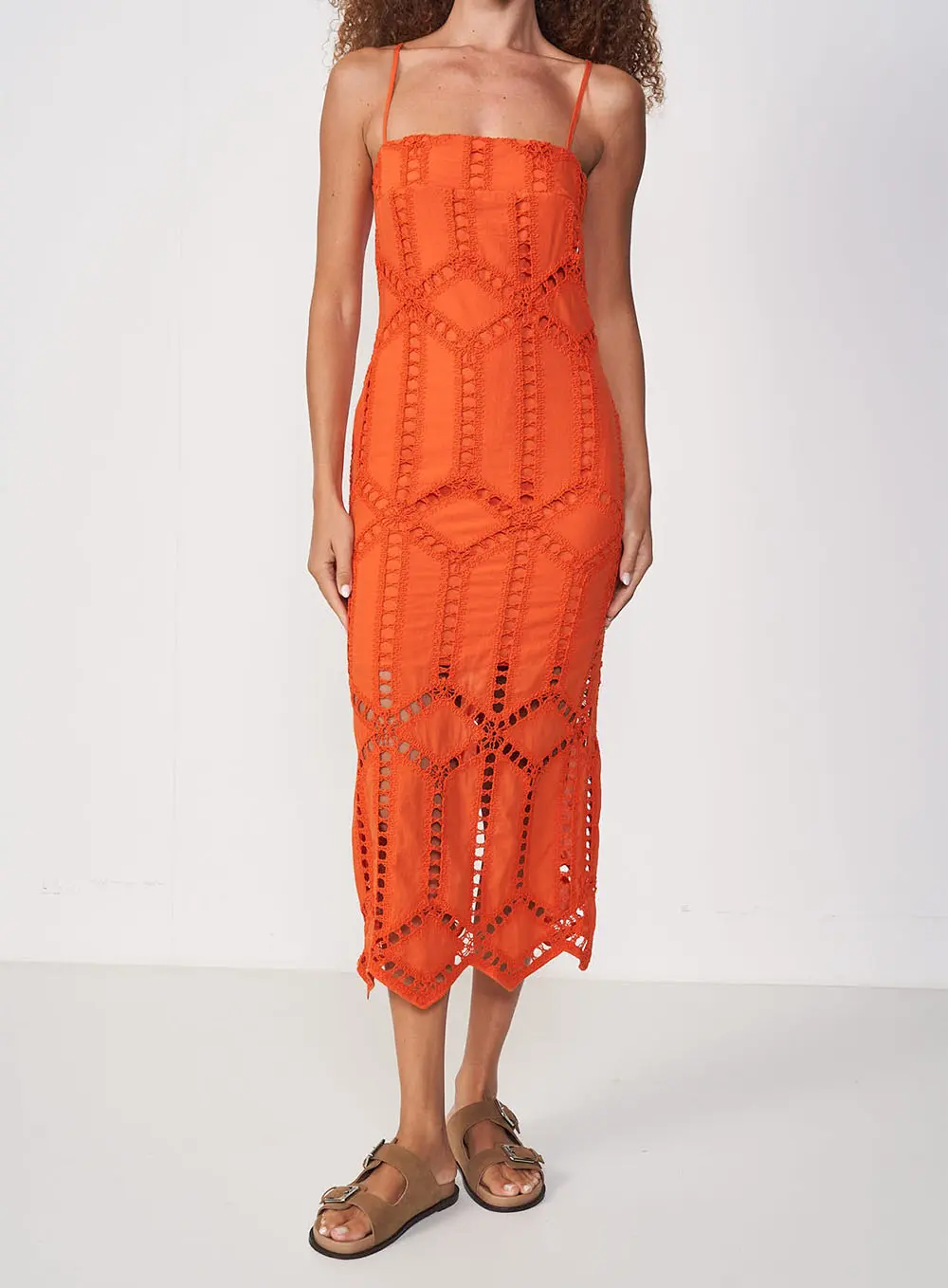 Vestido Laise Midi Ajustado Com Alças Finas Laranja