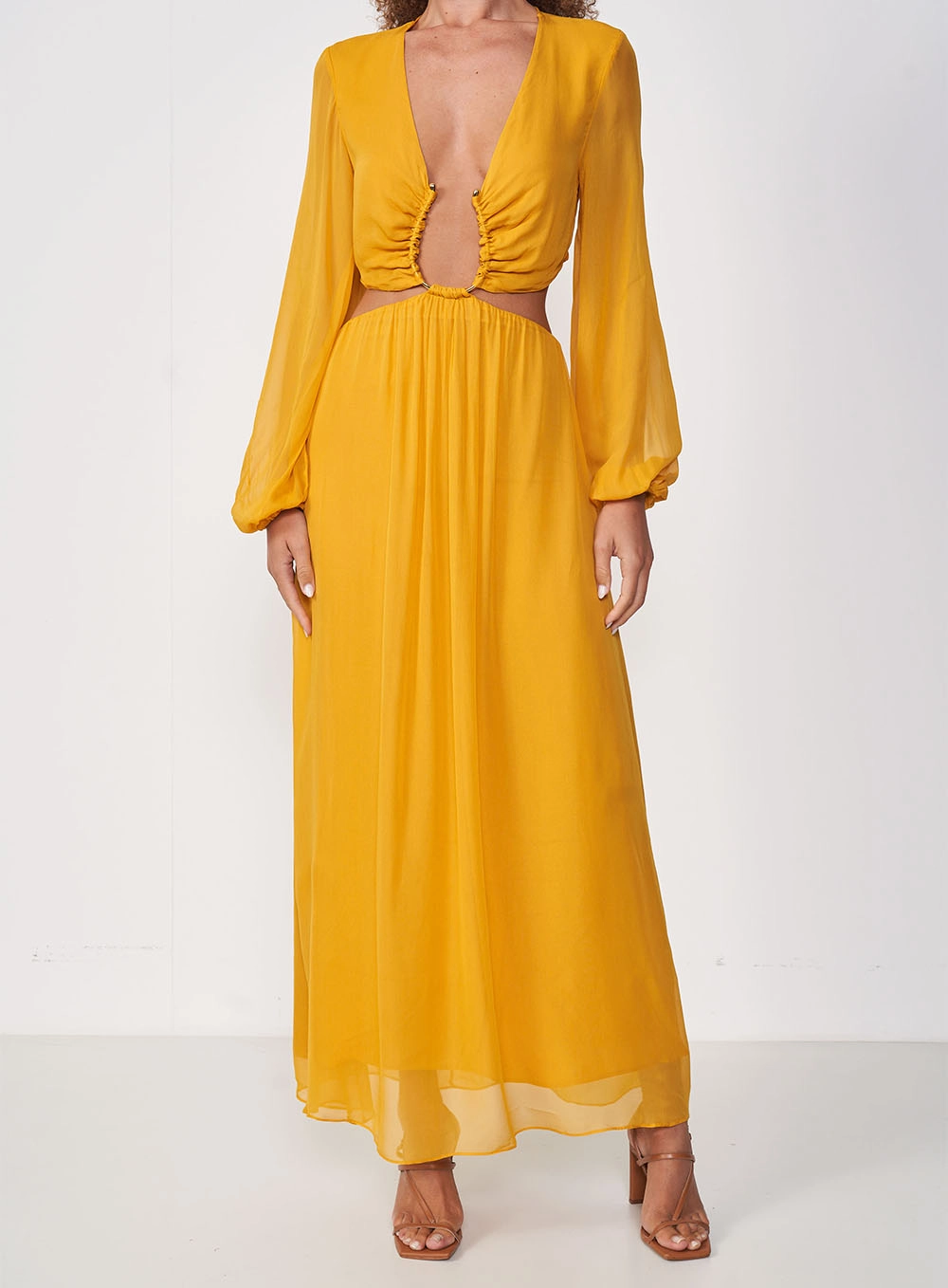 Vestido Longo Com Recortes Amarelo Sunray