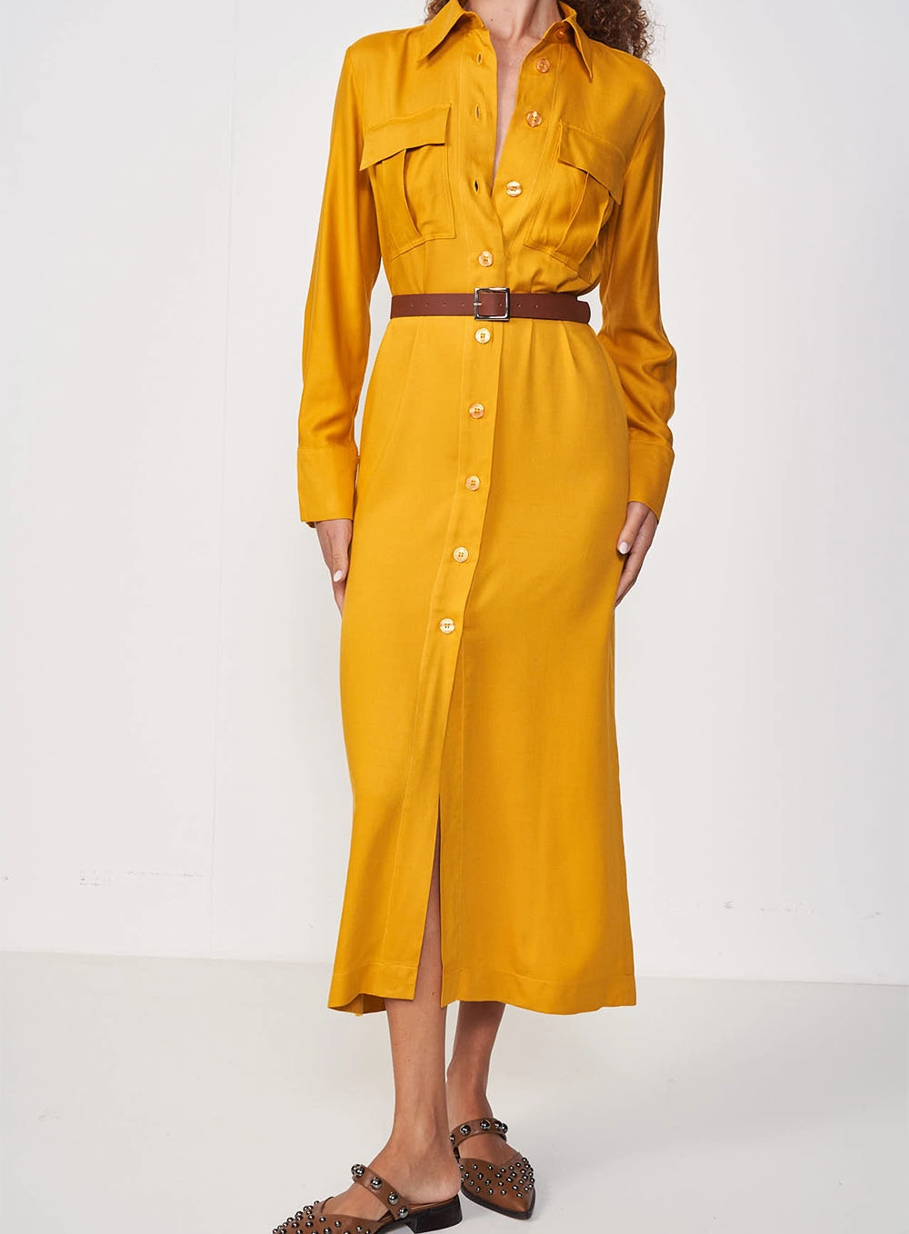 Vestido Camisa Midi Com Cinto Amarelo Sunray