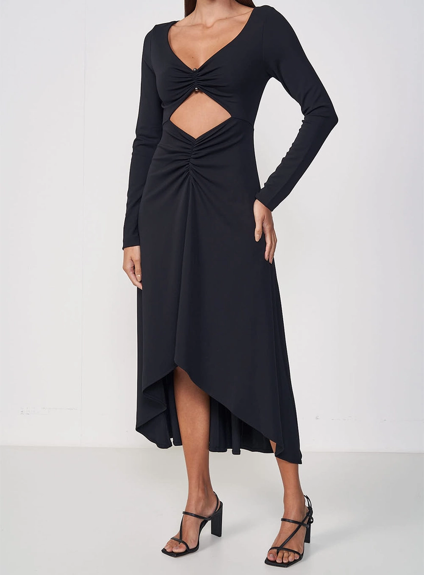 Vestido Midi Assimétrico Com Recorte E Drapeado