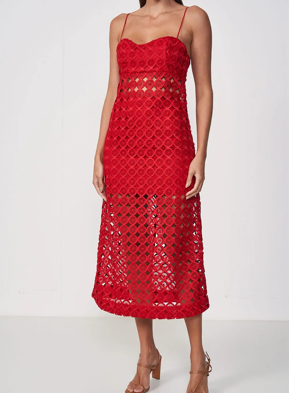 Vestido Midi Bordado Estruturado Vermelho