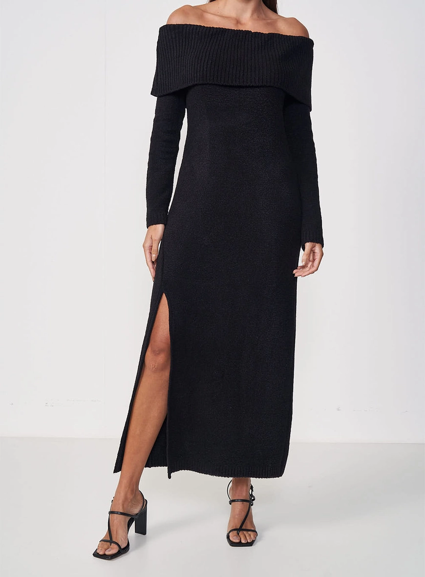 Vestido Tricô Longo Ombro A Ombro Com Sobreposição